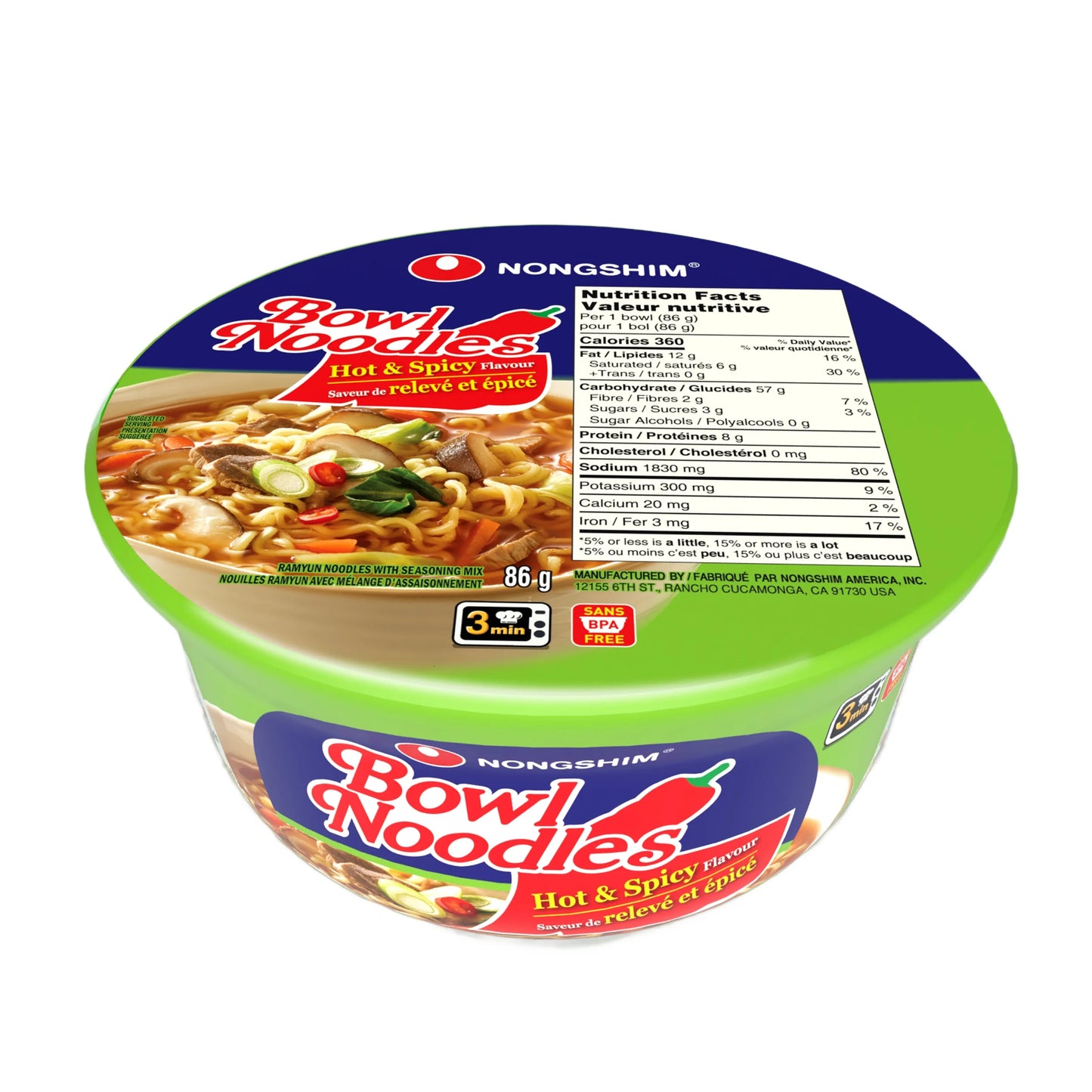 Nongshim Bowl Noodles Soup Hot & Spicy Flavour 85g